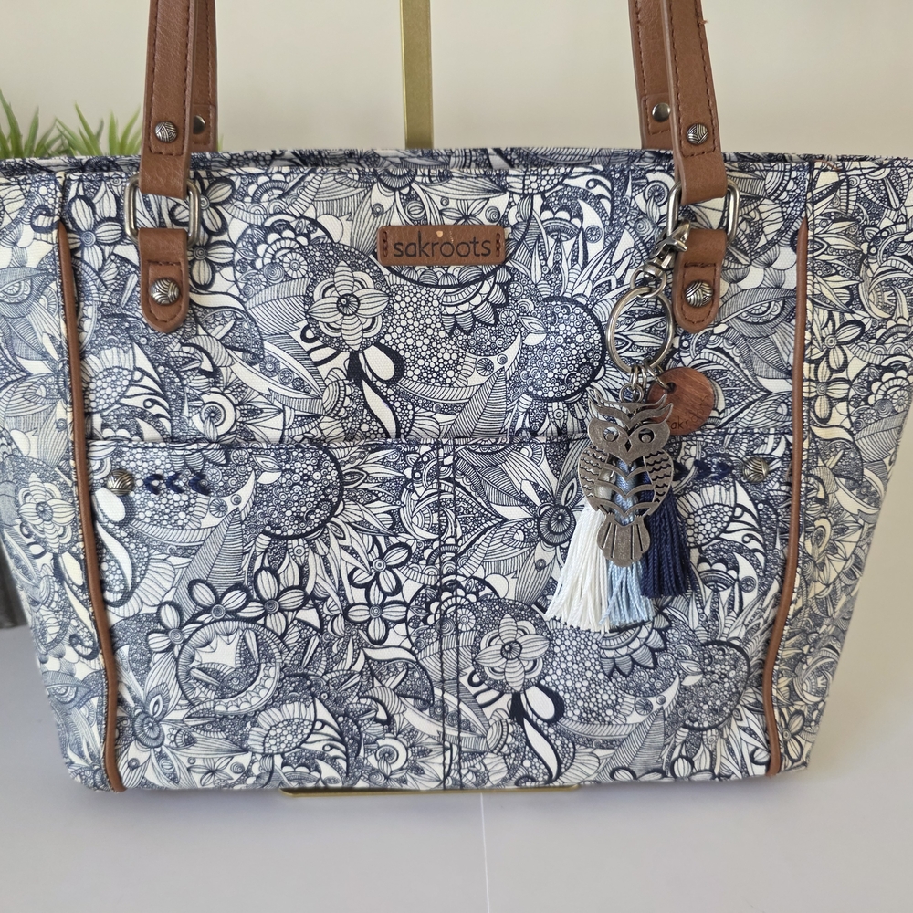 Sakroots Navy Floral Canvas Tote with Tassel Charm - Picture 8 of 16